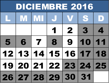 DICIEMBRE 2016 L M MI J V S D 1 2 3 4 5 6 7  8  9 10 11 12 13 14 15 16 17 18 19 20 21 22 23 24 25 26 27 28 29 30 31