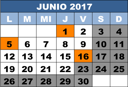 JUNIO 2017 L M MI J V S D 1 2 3 4 5 6 7 8  9 10 11 12 13 14 15 16 17 18 19 20 21 22 23 24 25 26 27 28 29 30