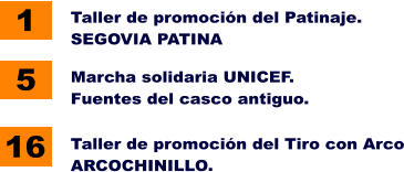 1 Taller de promocin del Patinaje. SEGOVIA PATINA Marcha solidaria UNICEF. Fuentes del casco antiguo. 16 Taller de promocin del Tiro con Arco ARCOCHINILLO. 5