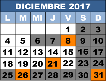 DICIEMBRE 2017 L M MI J V S D 1 2 3 4 5 6  7  8  9  10 11 12 13 14 15 16 17 18 19 20 21 22 23 24 25 26 27 28 29 30 31