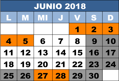 JUNIO 2018 L M MI J V S D 1 2 3 4 5 6 7  8 10 11 12 13 14 15 16 17 18 19 20 21 22 23 24 25 26 27 28 29  9 30